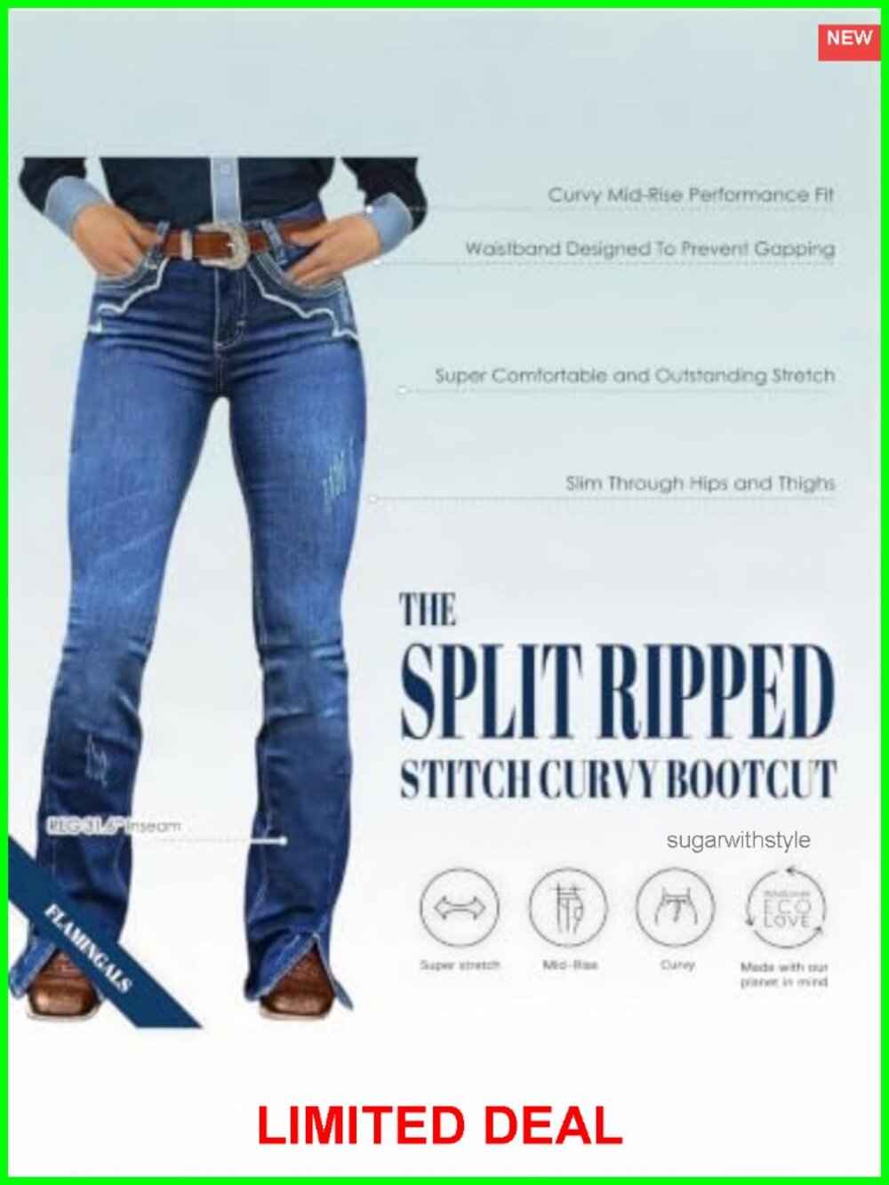 Flamingals Bootcut Mid Rise Split Ripped Stitch Curvy Jeans - Picture 3 of 6